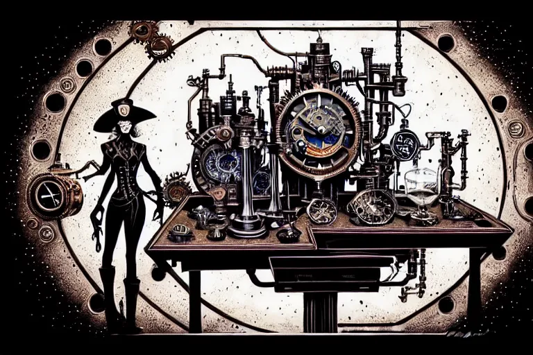 Image similar to steampunk alchemist ornate table, furniture, high details, bold line art, by vincent di fate and joe fenton, inking, etching, screen print, masterpiece, trending on artstation, sharp, high contrast, hd, 4 k, 8 k