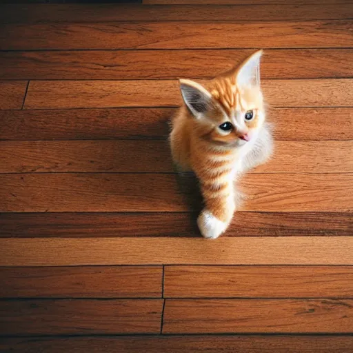 Image similar to cute fluffy orange tabby kitten, wooden floor
