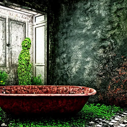 Prompt: hyperrealism photography computer simulation visualisation of parallel universe detailed old rusty bath in the detailed ukrainian village garden in dramatic scene from art house futuristic movie by caravaggio and alejandro jodorowsky and andrei tarkovsky