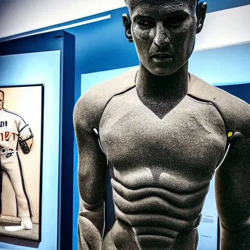 Image similar to “a realistic detailed photo of a guy who is an attractive humanoid who is half robot and half humanoid, who is a male android, baseball player Mike Trout, shiny skin, posing like a statue, blank stare, mouth agape, at a museum, on display”