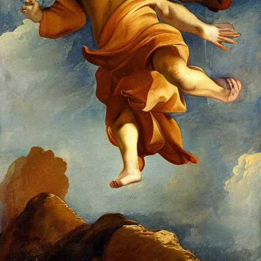 Prompt: Oil painting titled Man falling from heaven. 1730