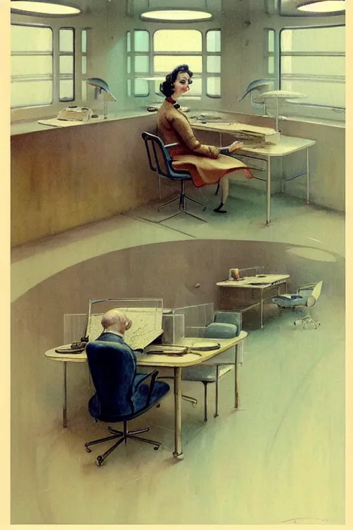 Prompt: ( ( ( ( ( 1 9 5 0 s retro future android office interior. muted colors. ) ) ) ) ) by jean - baptiste monge,!!!!!!!!!!!!!!!!!!!!!!!!!