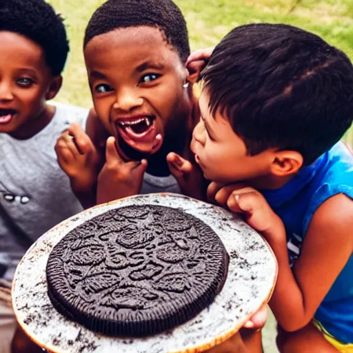 Prompt: kids feasting on a colossal oreo