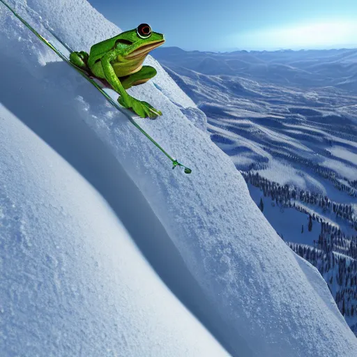 Image similar to 3 d octane frog character skiing down a mountain