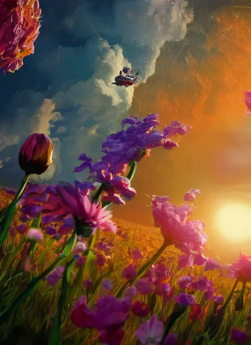 Image similar to An epic fantastic realism comic book style painting of the most beautiful flowers launched into space, bouquets, solar eclipse, fisheye, unreal 5, DAZ, hyperrealistic, octane render, dynamic lighting