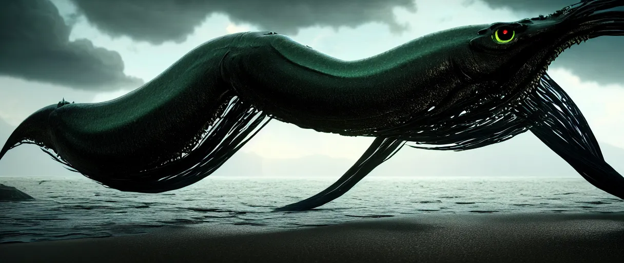 Image similar to a stunning cinematic shot of an slick sleek smooth translucent see - through halitrephes maasi sea monster wearing clothes made of seaweed on a dark stormy beach, with huge luminous sad eyes, sharp claws, cgsociety, hd octane render, fantasy, artstation, deviantart, furaffinity, very very clean, super smooth, thunderclouds, thunderstorm