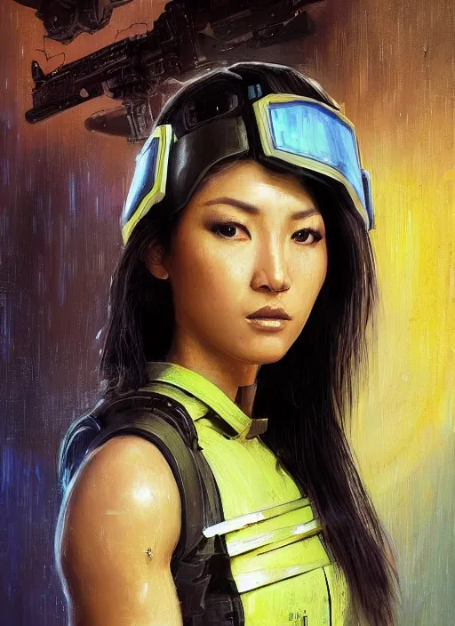 Image similar to Nikki tanaka. beautiful cyberpunk female USN marine wearing a military vest and brightly colored jumpsuit (cyberpunk 2077, bladerunner 2049). gorgeous face. Iranian orientalist portrait by john william waterhouse and Edwin Longsden Long and Theodore Ralli and Nasreddine Dinet, oil on canvas. Cinematic, hyper realism, realistic proportions, dramatic lighting, high detail 4k