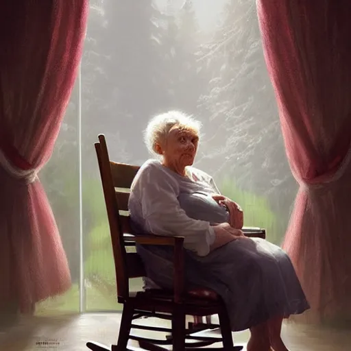 Prompt: epic cinematic hyperrealism masterpiece where a very old woman appears sitting on a rocking chair hugging a 3 year old girl both are white. realistic poster with shaded lighting by craig mallismo, artgerm, jeremy lipkin and michael garmash, unreal engine, radiant light, detailed and complex environment, digital art, art station trends