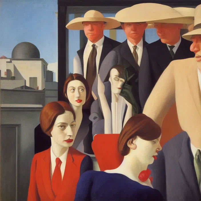 Prompt: group of people pictured in afternoon light, close - up of the faces, surrealist oil painting by edward hopper, dora maar and rene magritte