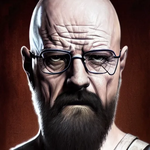 Image similar to Heisenberg as Kratos, highly detailed, digital painting, artstation, concept art, smooth, sharp focus, illustration, ArtStation, art by artgerm and greg rutkowski and alphonse mucha and J. C. Leyendecker and Edmund Blair Leighton and Katsuhiro Otomo and Geof Darrow and Phil hale and Ashley wood and Ilya repin and Charlie Bowater