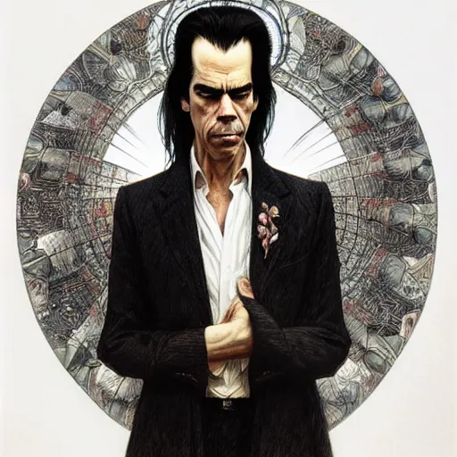 Prompt: Nick Cave pondering his orb, highly detailed, digital painting, artstation, concept art, smooth, sharp focus, illustration, art by todd lockwood and magalie villeneuve and alan lee and artgerm and greg rutkowski and alphonse mucha