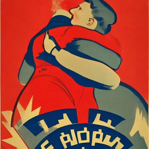 Prompt: 1950 Soviet propaganda poster of embracing capitalism