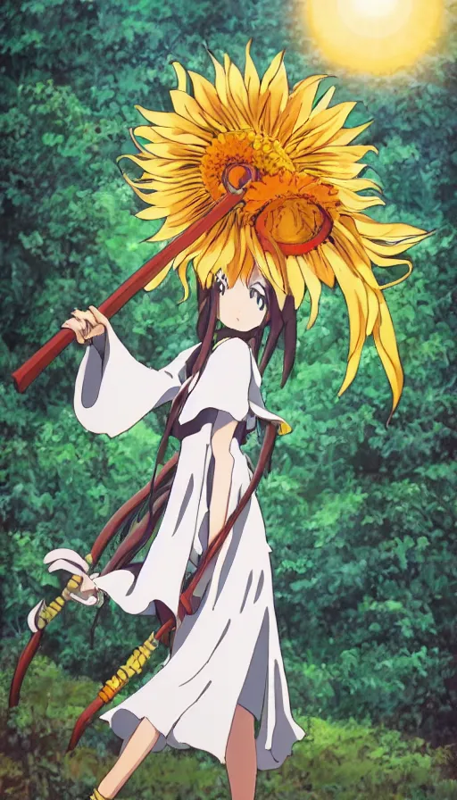 Image similar to the being death as a cute anime girl with a giant cute sun flower scythe from a studio ghibli film inspired by the death tarot card