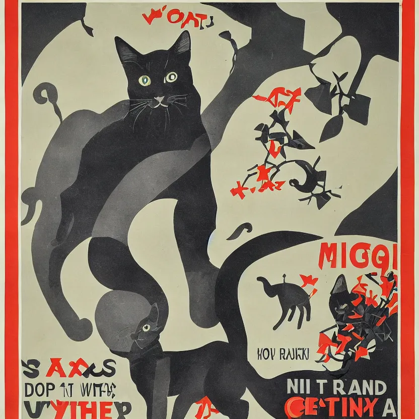 Image similar to propaganda poster with a cat as the centerpiece