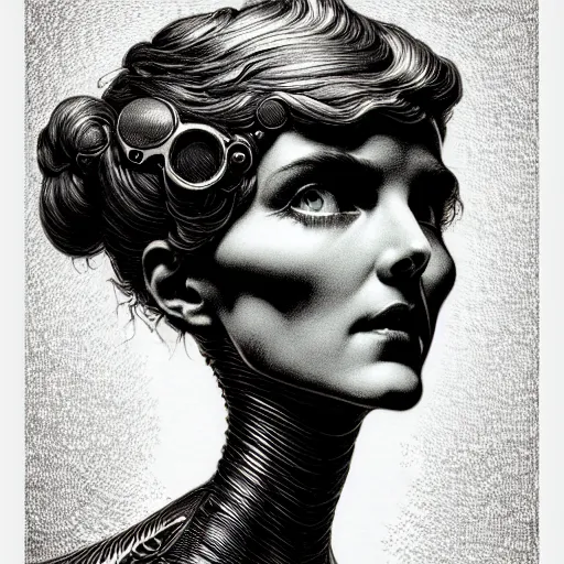 Prompt: medium portrait soft light, by bernie wrightson and joe fenton, inspired by ceramic robots mythology, etching, fine, sharp high detail, duotone screen print,