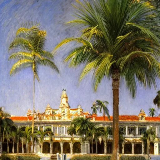 Image similar to a ultradetailed beautiful photo of the amazonas palace designed by jules bastien - lepage, hans belmer, frank weston and gustave baumann, trending on artstation, mediterranean, palm trees, light sparkles, sharp focus, soft light, 8 k 4 k