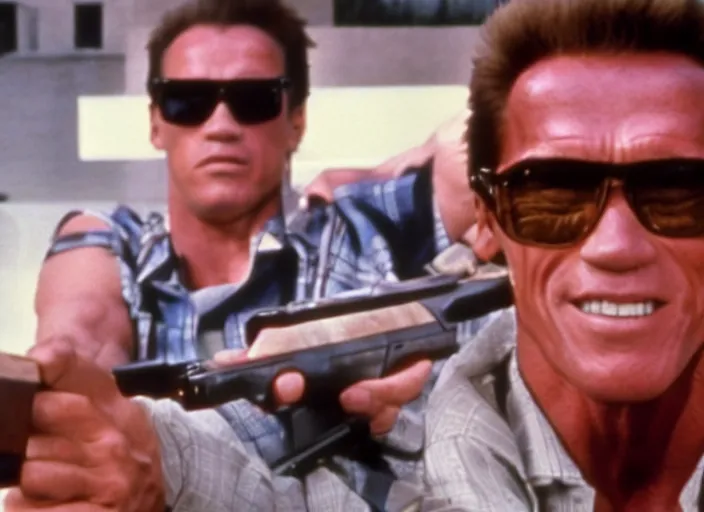 Prompt: film still of Arnold Schwarzenegger as Nada wearing a flannel shirt and sunglasses and holding a shotgun with a bandolier in Bank scene in They Live 1988