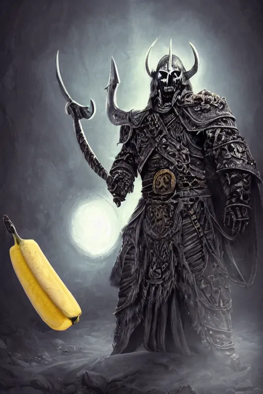 Image similar to an undead viking lich king eating a banana, wide angle, super highly detailed, professional digital painting, artstation, concept art, smooth, sharp focus, no blur, no dof, extreme illustration, Unreal Engine 5, Photorealism, HD quality, 8k resolution, cinema 4d, 3D, beautiful, cinematic, art by artgerm and greg rutkowski and alphonse mucha and loish and WLOP