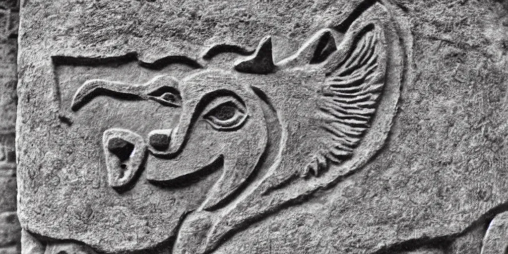 Image similar to anthropomorphic furry wolf depicted in ancient stone carving, 1900s photograph