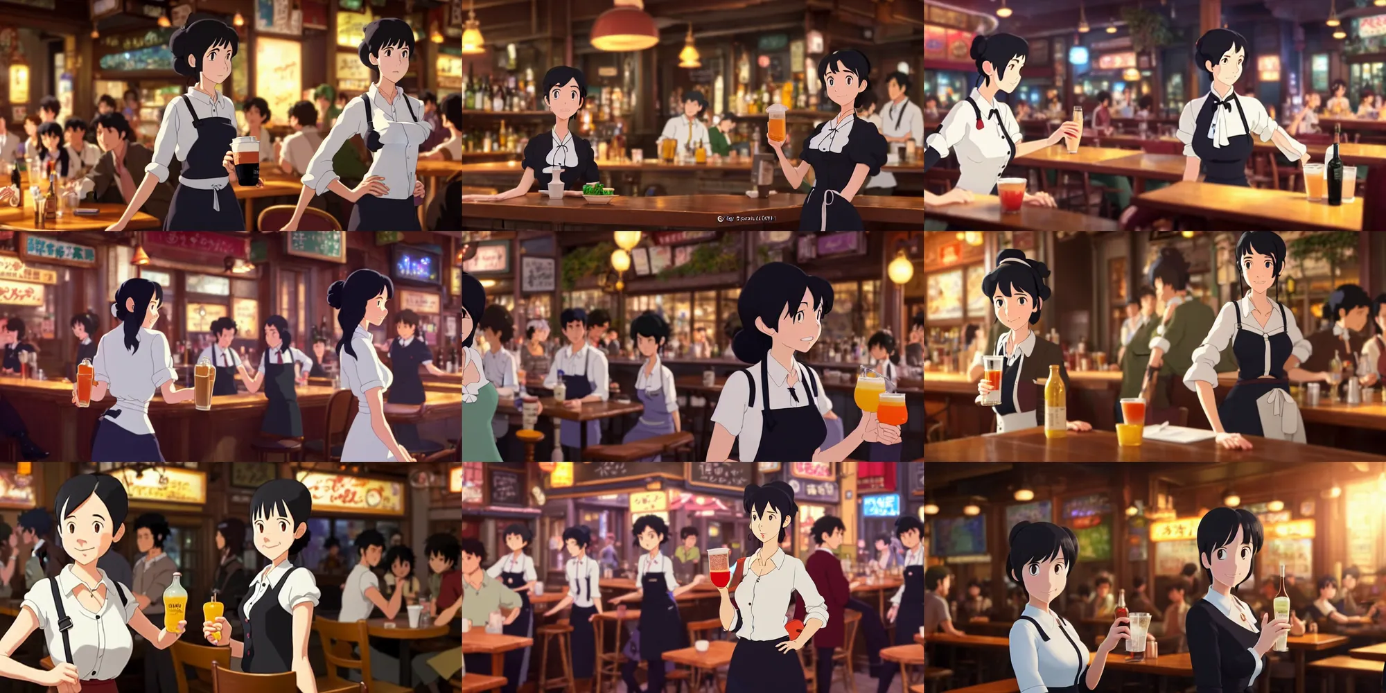 Prompt: a wholesome animation key shot of a black haired french woman as a waitress carrying drinks in a crowded downtown bar, medium shot, waist up, studio ghibli, pixar and disney animation, sharp, rendered in unreal engine 5, anime key art by greg rutkowski, bloom, dramatic lighting