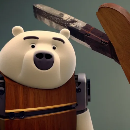 Image similar to ice bear as a robot with an axe from we bare bears in san fransisco, 8 k, weta pixar disney hyper realistic cinematic still