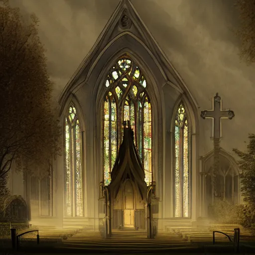 Image similar to victorian church in the middle of the city, dark, misty, at night, 8 k, detailed, concept art, trending on artstation