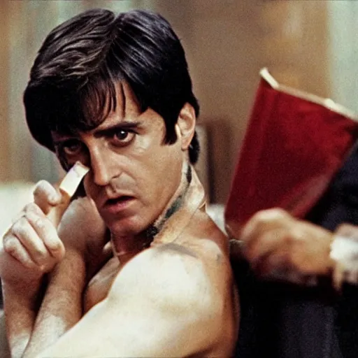 Image similar to tony montana played by emma watson cutting of the head of alejandro sosa, a still from the movie directed by brian de palma, film, dramatic, bloody, oliver stone