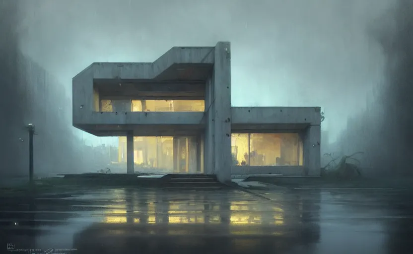 Image similar to painting of a wide angle exterior shot of a white concerete brutalist architecture house with rainy and moody cinematic lighting by darek zabrocki and greg ruthkowski, alphonse mucha, simon stalenhag and cinematic and blue cold atmospheric, archillect concept art, artstation, trending on artstation
