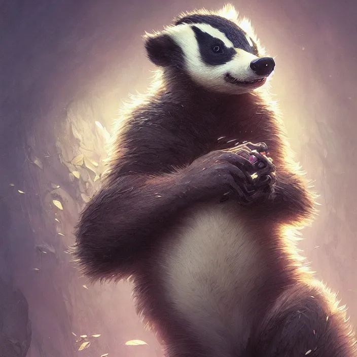 Image similar to highly detailed portrait of a cute badger, unreal engine, fantasy art by greg rutkowski, loish, rhads, ferdinand knab, makoto shinkai and lois van baarle, ilya kuvshinov, rossdraws, tom bagshaw, alphonse mucha, global illumination, radiant light, detailed and intricate environment