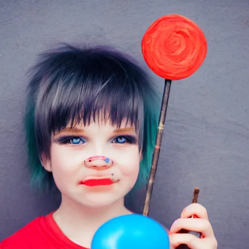 Prompt: red eyed little girl with red brown skin and pale blue hair holding a lollipop made of paper, surreal, 4k,