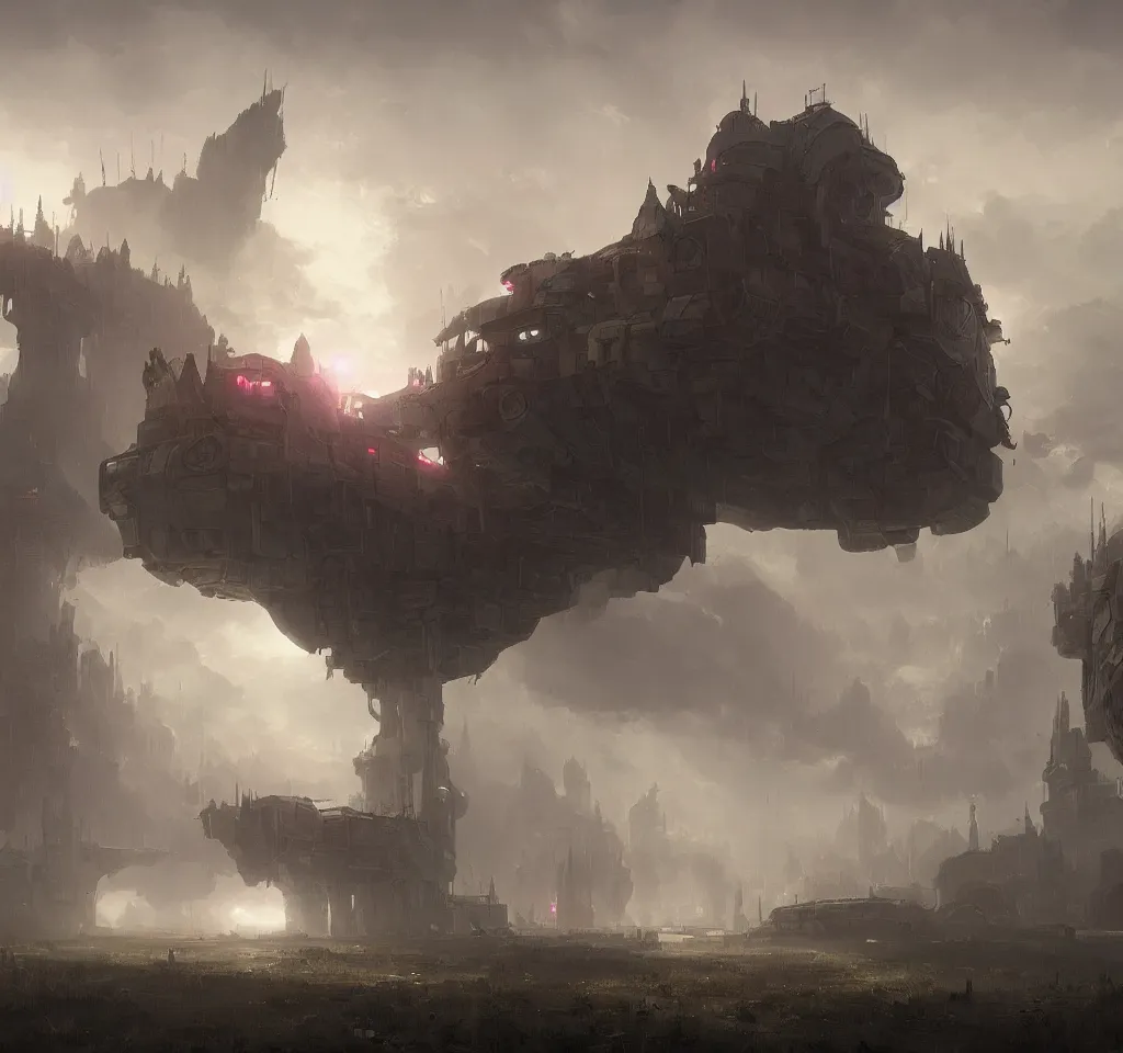 Prompt: misty land, giant spaceship waiting over a village, rozalski, artstation