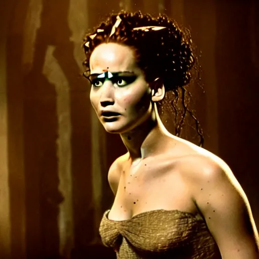 Image similar to jennifer lawrence as the bride of frankenstein, color photography, sharp detail, still from the movie mary shelly's frankenstein