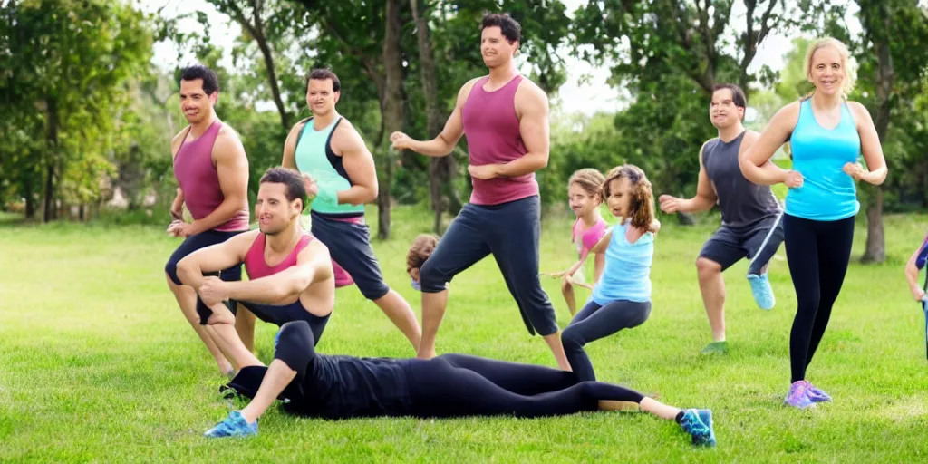 Image similar to a husband and wife exercising with four kids studying, award winning photo,