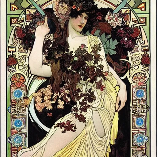 Image similar to persephone as goddess of the underworld, painted by alphonse mucha