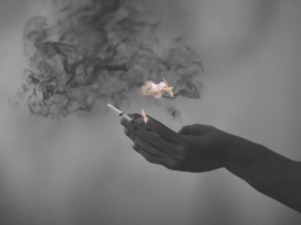 Prompt: Close-up view of hyperrealistic thin hand holding cigarette with smoke, hyper realistic photo, 4K