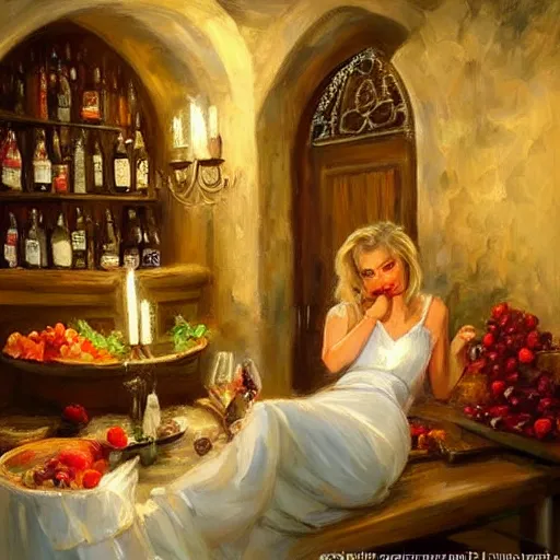 Image similar to wine cellar full of food, torches on the wall, schnapps, romantic, inviting, cozy, blonde woman, painting Vladimir Volegov