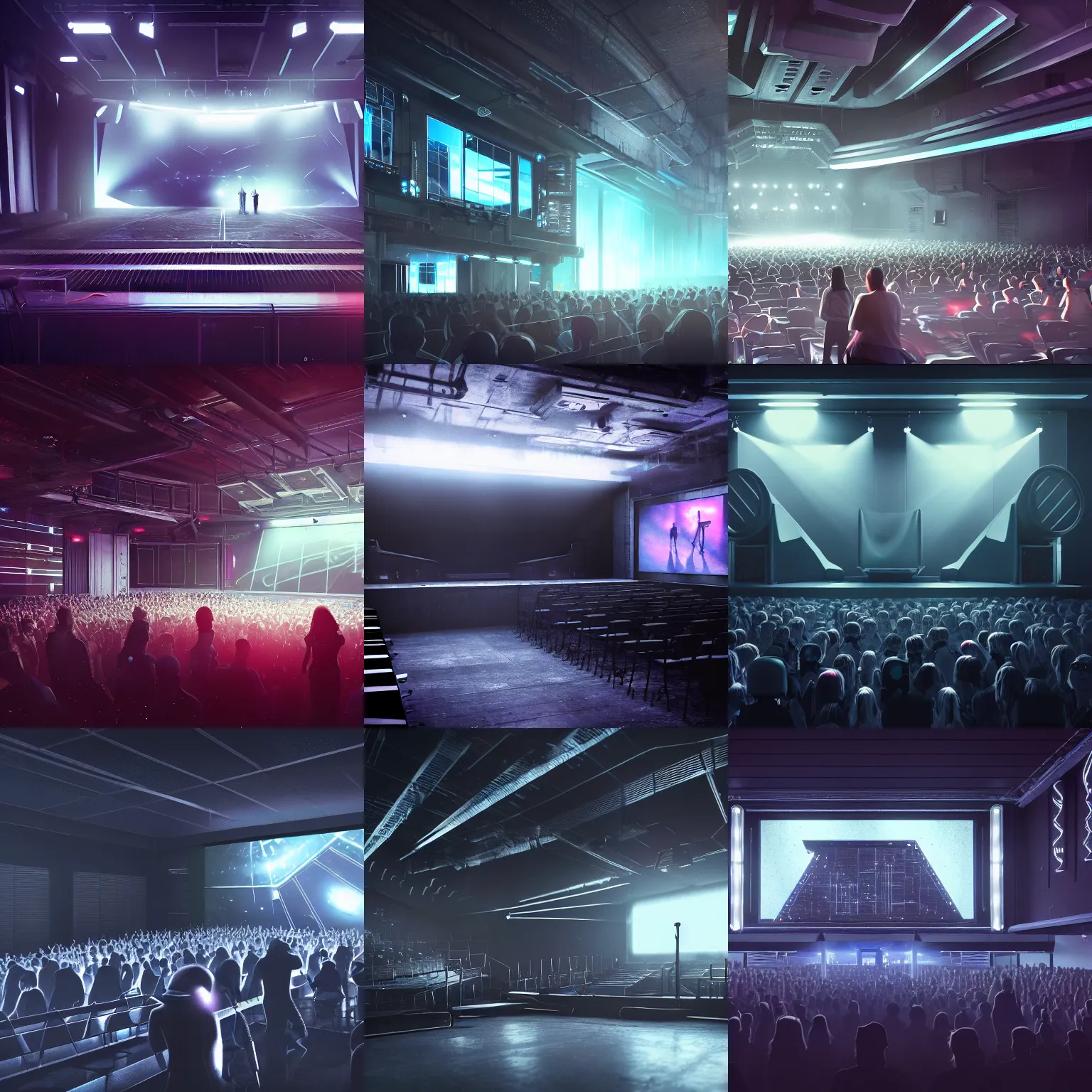 Prompt: digital concept art of a very small!!! dark futuristic musical venue with a large bright screen in front of twenty people, grey, realistic, octane render, high detail, environment, sharp focus, artstation