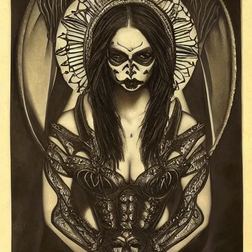 Image similar to gorgeous gothic portrait of a demon woman, intricate detail and composition, highly symmetric