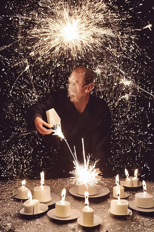 Image similar to margiela campaign featuring artist ben schumacher blowing out all the candles on the birthday cake, sparklers, realistic vfx simulation