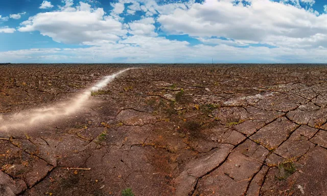 Image similar to panorama of big raindrops flying upwards into the perfect cloudless blue sky from a dried up river in a desolate land, dead trees, blue sky, hot and sunny highly-detailed, elegant, dramatic lighting, artstation, 4k, cinematic landscape, photograph by National Geographic