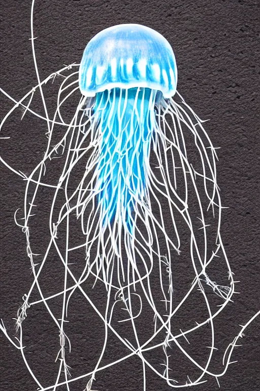 Image similar to a jellyfish with tentacles made out of razor wire
