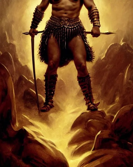 Image similar to beautiful portrait oil painting, jason momoa conan the barbarian wearing a golden wreath crown in royal crimson spartan armor enthroned as the god emperor of ancient rome, mid - shot, action pose, standing in a dungeon, frank frazetta, boris vallejo, greg rutkowski, beautiful cinematic light, american romanticism, by thomas lawrence, greg rutkowski