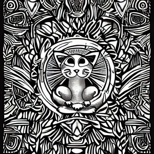 Image similar to tattoo sketch of a cat hugging the sun, on a canva, polynesian style, ornamental, line art, vector,