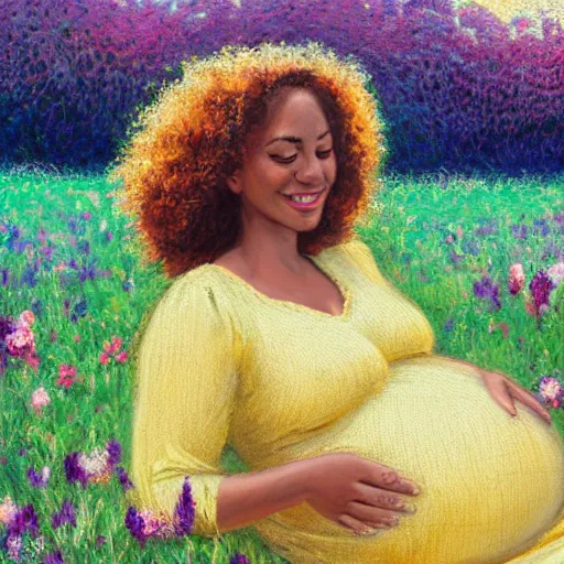 Image similar to pregnant black woman with curly hair in a vast field of flowers, laying down, a tiny black puppy running around, golden hour, vintage, impressionist painting, fine art, oil painting, dreamy, pastel, laughing, happy, intricate details, sharp, peaceful, serene