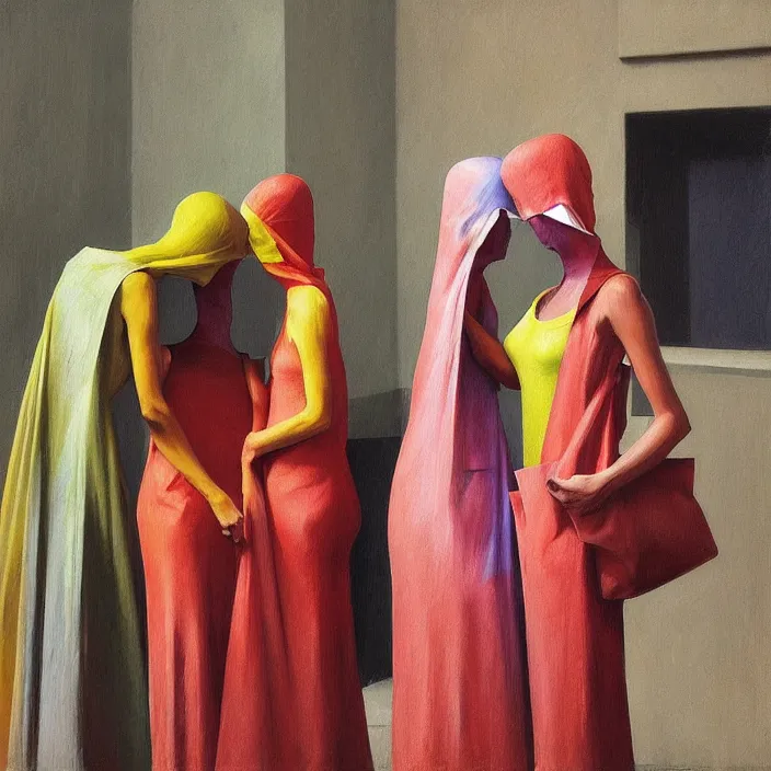 Image similar to colorful women hugging with a paper bag over the head, dressed in plastic bags, inside cathedral, highly detailed, artstation, art by , edward hopper, zdislav beksinski, wayne barlowe