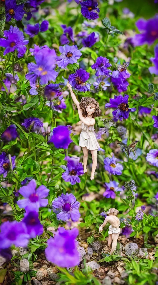 Prompt: tiny biblical angel in a garden, hyper detailed, sharp focus, bokeh, unreal engine, ray tracing, cute, fantasy, sci fi, purple flowers, blue flowers, violet flowers, glowing flowers, tiny, small, hyper realistic, sky, spinning rings with eyes, many eyes, rings of fire, biblical