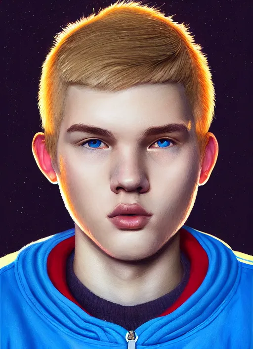 Image similar to portrait of high school senior boy named big moose, blonde short hair, jock, beefy, wide face, square jaw, square facial structure, blue varsity jacket with letter r, intricate, elegant, glowing lights, highly detailed, digital painting, artstation, concept art, sharp focus, illustration, art by wlop, mars ravelo and greg rutkowski