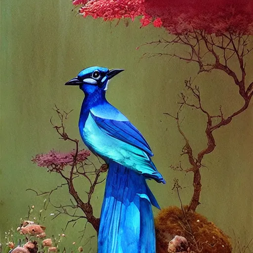 Image similar to a beautiful watercolor painting of a colorful jay in witch's garden, art by Beksinski, trending on artstation