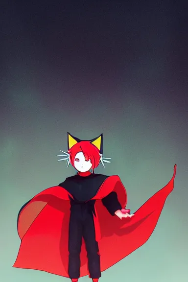 Image similar to little boy with cat ears in an black outfit with red cape. digital artwork made by lois van baarle and kentaro miura, sharpness focus, inspired by hirohiko araki, anatomically correct, heroic composition, hero pose, smooth, symmetrical