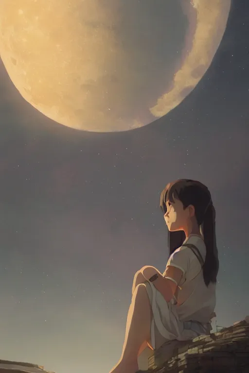 Image similar to a highly detailed matte painting of a girl watching moon crashing to earth by studio ghibli, makoto shinkai, by artgerm, by wlop, by greg rutkowski, volumetric lighting, octane render, 4 k resolution, trending on artstation, masterpiece